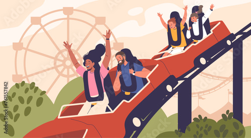 Thrilling Screams Echo As Characters On Roller Coasters Experience Exhilarating Loops And Drops, Vector Illustration