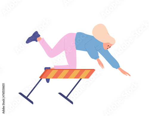 Young woman freelancer falling down while jumping over obstacles participating in business challenge
