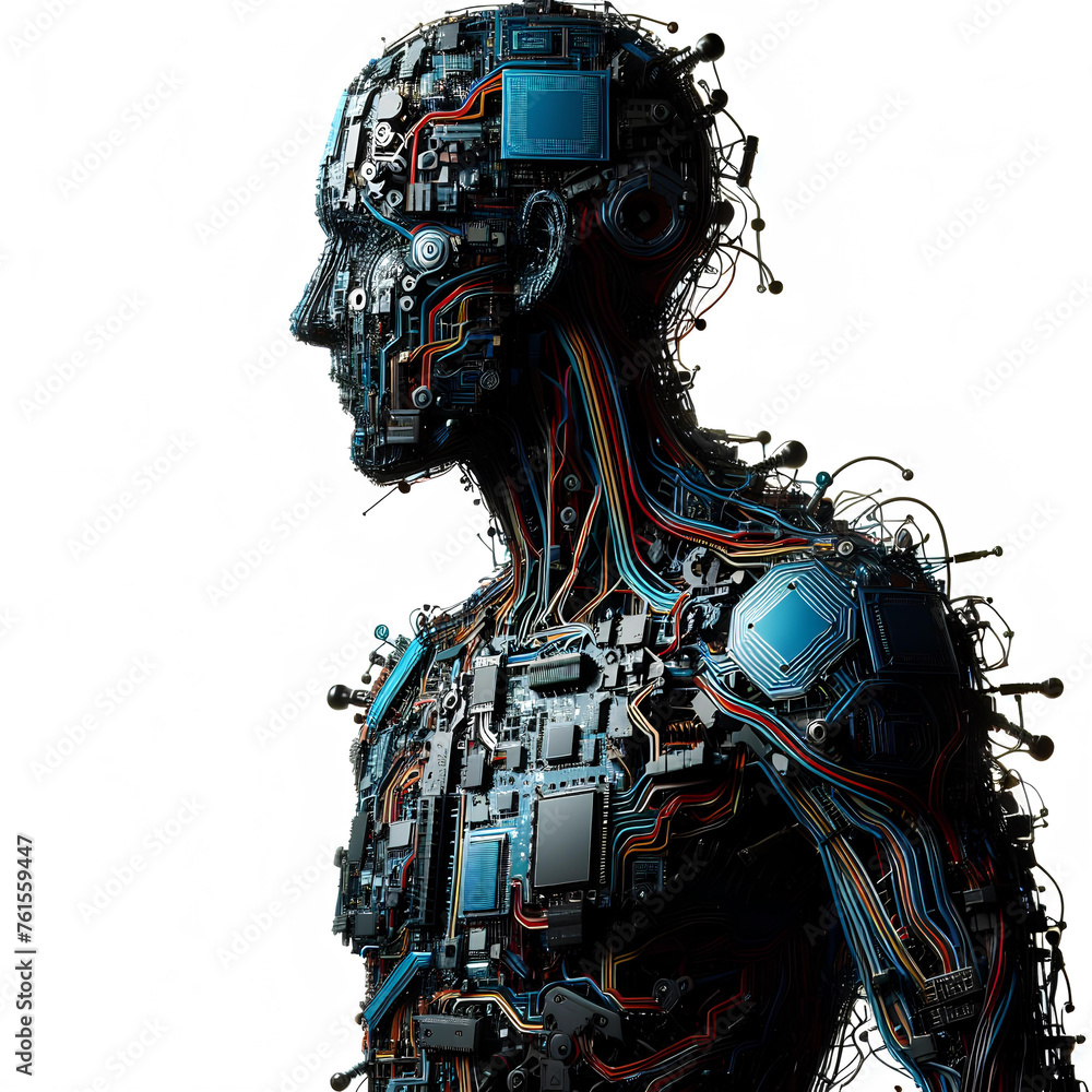 silhouette of man made of wires and circuit boards isolated on white background silhouette of man made of wires and circuit boards isolated on white background