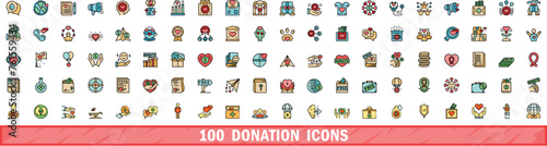 100 donation icons set. Color line set of donation vector icons thin line color flat on white
