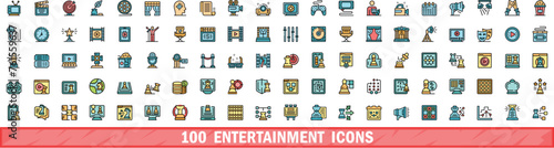100 entertainment icons set. Color line set of entertainment vector icons thin line color flat on white