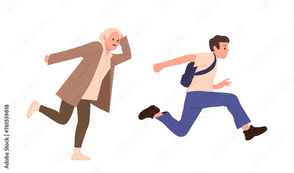 Isolated young people cartoon character running in rush hurrying up feeling panic and stress