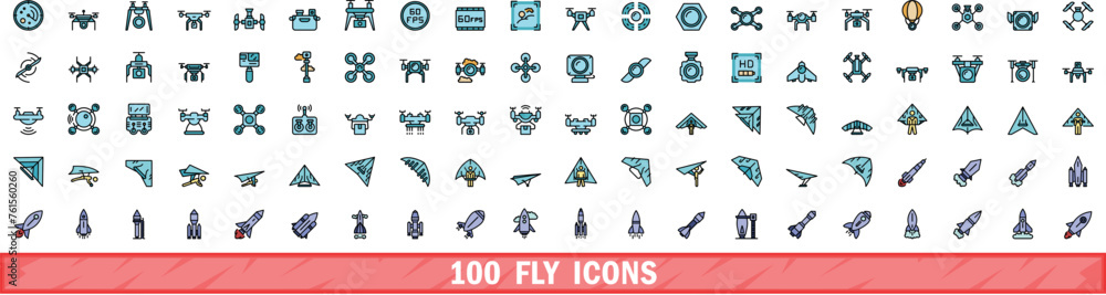 100 fly icons set. Color line set of fly vector icons thin line color flat on white