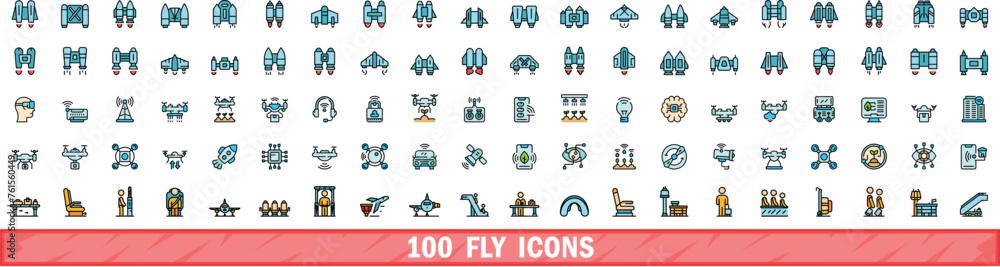 100 fly icons set. Color line set of fly vector icons thin line color flat on white 100 fly icons set. Color line set of fly vector icons thin line color flat on white