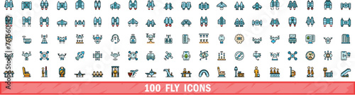 100 fly icons set. Color line set of fly vector icons thin line color flat on white