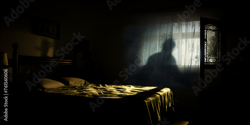 The blurry silhouette of a ghost in a bedroom, at night in old room with golden bedsheet and ghost shadow n window background  photo