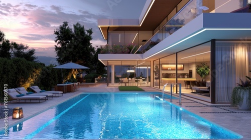 Modern swimming pool on villa with beautiful neon LED lights concept. Generated AI image © prastiwi