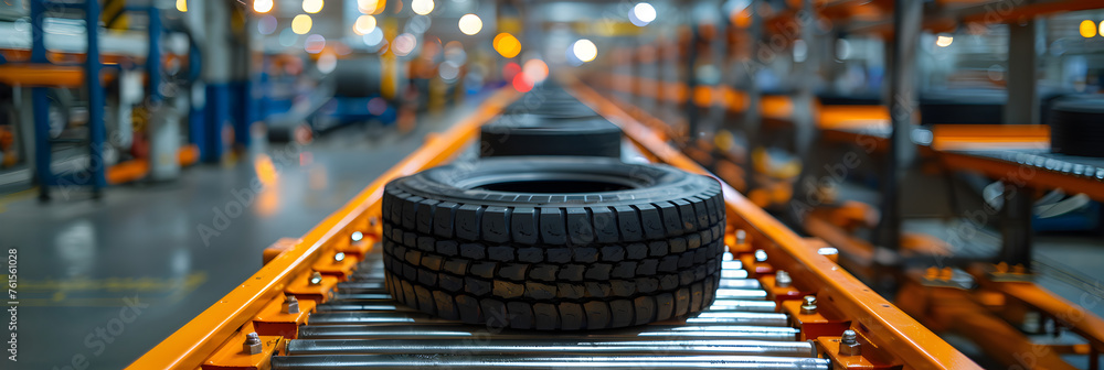 Tires for Heavy Vehicles Stand on the Conveyor ,
Rubber inventory Close up of bulk car tires in store, tire shop backdrop Vertical  - obrazy, fototapety, plakaty 