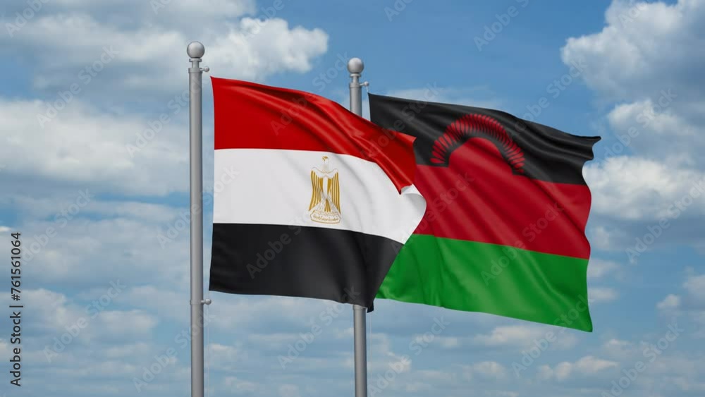 Malawi and Egypt two flags waving together, looped video, two country relations concept Malawi and Egypt two flags waving together, looped video, two country relations concept