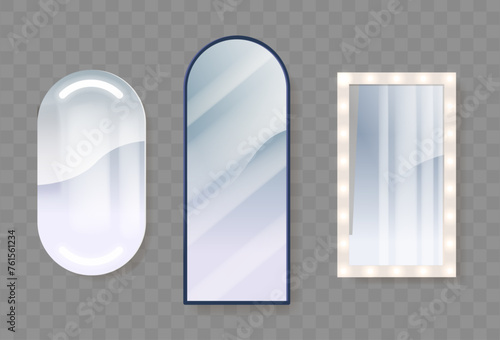 Mirrors Reflect Light, Allowing Visual Reflection Of Objects. They Come In Oval, Arched and Rectangular Shapes 3d Vector