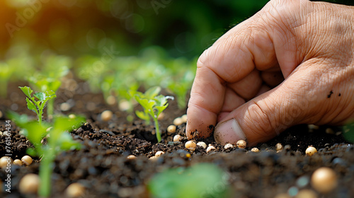 A hand gently sowing vegetable seeds into fertile soil in a garden, symbolizing the essence of gardening and agriculture.