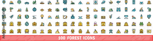 100 forest icons set. Color line set of forest vector icons thin line color flat on white