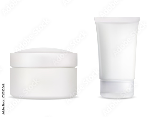 Cream jar and cream tube cosmetic package mockup set. Blank container for beauty product. Face makeup packaging mock up. Blush or hand cream realistic template for label design