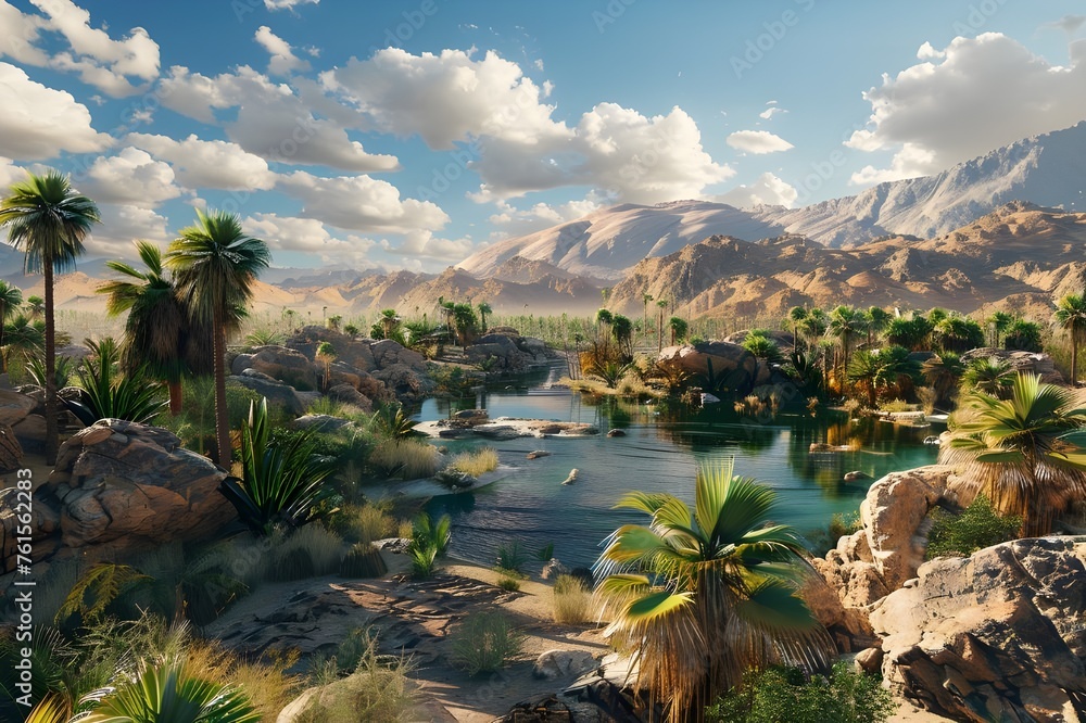 Desert Oasis: A striking contrast of a lush oasis against the backdrop of a vast and arid desert landscape.

