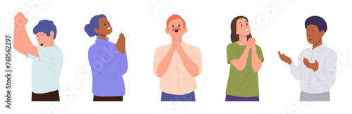 Young adult hoping people prayer cartoon characters standing with folded hands isolated on white