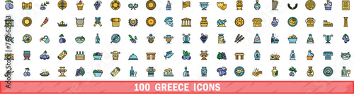 100 greece icons set. Color line set of greece vector icons thin line color flat on white