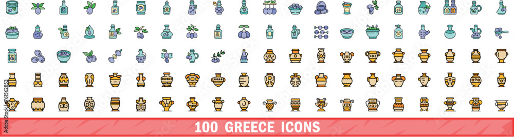 100 greece icons set. Color line set of greece vector icons thin line color flat on white