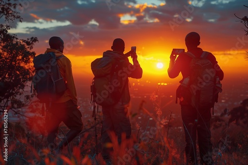 Hiking group at sunrise on a mountain