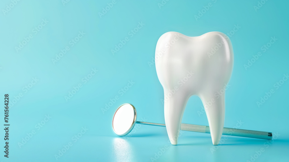 A large 3D rendered tooth and dental mirror on blue background, symbolizing dental care and health. Copy space for text. A large 3D rendered tooth and dental mirror on blue background, symbolizing dental care and health. Copy space for text.