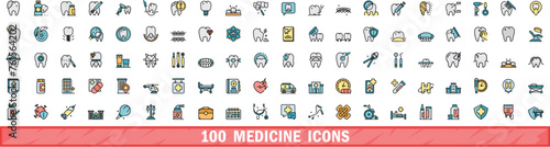 100 medicine icons set. Color line set of medicine vector icons thin line color flat on white