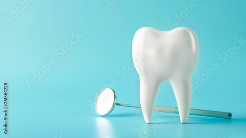 A large 3D rendered tooth and dental mirror on blue background, symbolizing dental care and health. Copy space for text.
