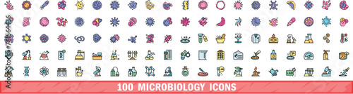 100 microbiology icons set. Color line set of microbiology vector icons thin line color flat on white