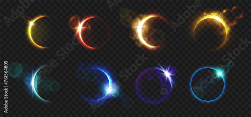 Ellipse glowing element of neon or sparkles. Background of modern ellipse design, sparkling geometric shapes of blue or yellow color. Circular twisting sparkles, game interface element