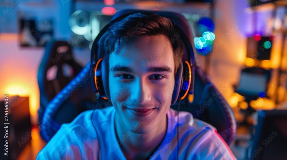 A young and handsome male wearing headphones takes a frontal photo A young and handsome male wearing headphones takes a frontal photo