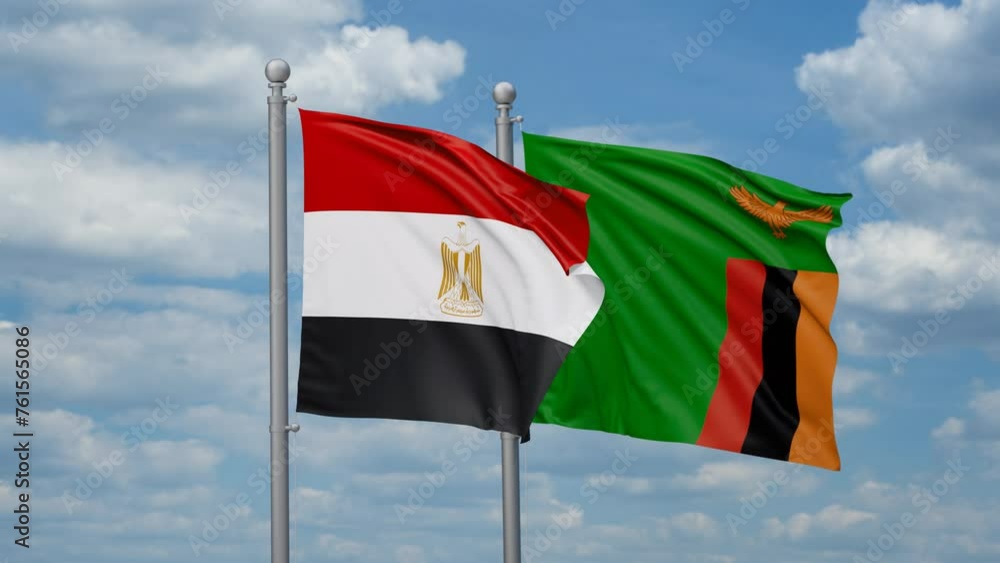 Zambia and Egypt two flags waving together, looped video, two country cooperation concept Zambia and Egypt two flags waving together, looped video, two country cooperation concept