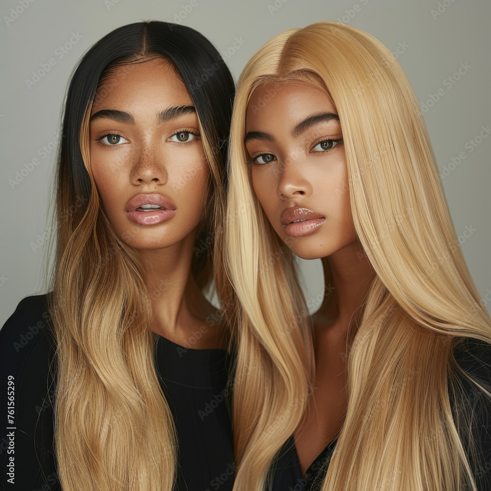 two beautiful young afro-latino models with long blonde and dark hair posing for hair salon, gray background, studio photo, detail of long shiny hair two beautiful young afro-latino models with long blonde and dark hair posing for hair salon, gray background, studio photo, detail of long shiny hair