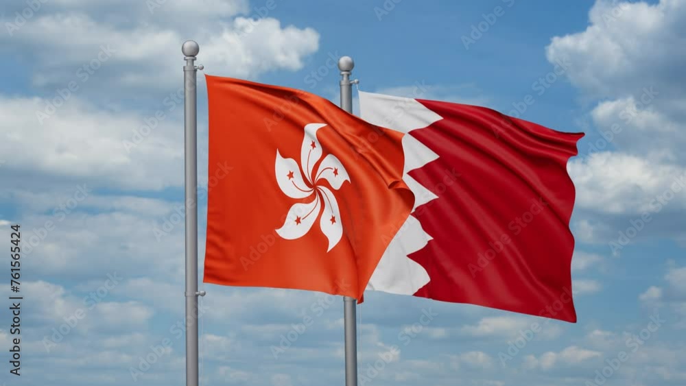 Bahrain and Hong Kong two flags waving together, looped video, two country relations concept Bahrain and Hong Kong two flags waving together, looped video, two country relations concept