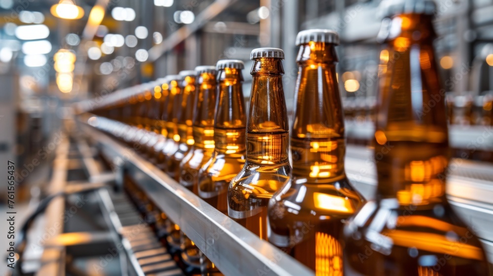 Bottles of craft beer lined up in a brewery during the production process showcasing the meticulous craftsmanship in beverage manufacturing Bottles of craft beer lined up in a brewery during the production process showcasing the meticulous craftsmanship in beverage manufacturing