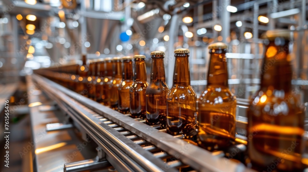 Bottles of beer being filled and labeled on a production line in a large brewery during daylight hours in a modern facility