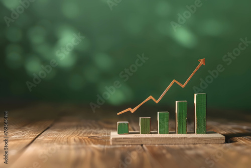 Arrow up and histogram showing profit and income from investment on green minimal background, increase in investment returns or doing business