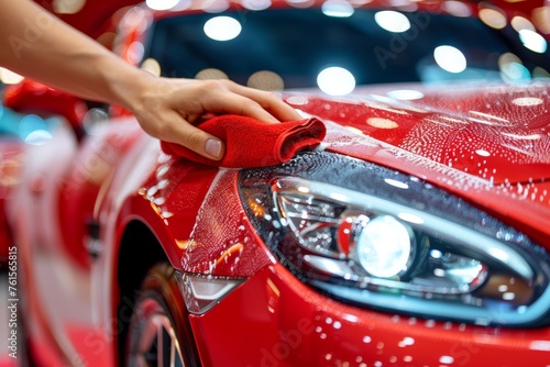 Close-up of a man's hand with a sponge with bubbles washing a car by hand © Александр Лобач