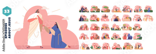 Isolated Vector Set Of Elements With Cartoon Characters Perform Biblical Stories, Recounts The Life Of Jesus Christ