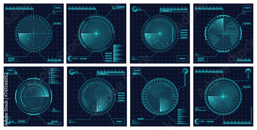 Digital blue realistic vector radar with targets on monitor in searching. Air search and military defense systems. Navigation interface and navy sonar display or interface with scanners
