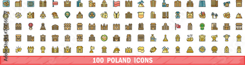 100 poland icons set. Color line set of poland vector icons thin line color flat on white photo