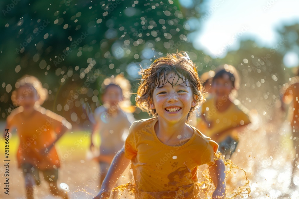 Obraz premium Joyful Child Splashing in Sunlit Water