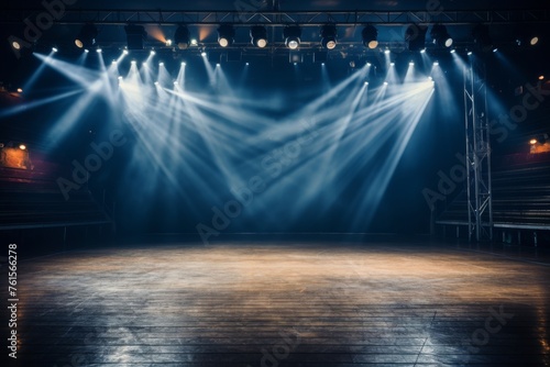 Modern dance stage lighting show with spotlight on empty stage in cool blue and green hues