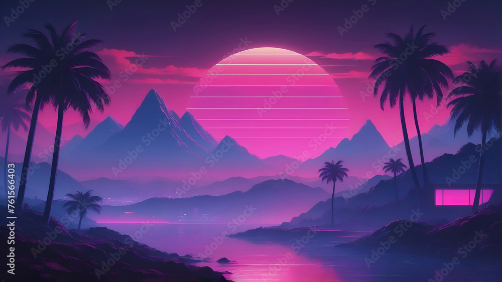Synthwave style landscape 80s with palm trees and mountains, sunset. Vaporwave retro futuristic
