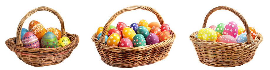 Three wicker baskets filled with colorful easter eggs. Assorted vibrant easter eggs in different patterns showcased in wicker baskets against a transparent background 
