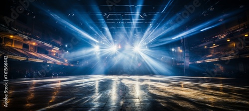 Modern dance stage lighting with spotlight  blue and green color background for entertainment show