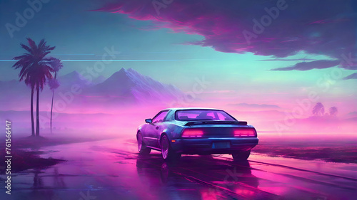 Riding car with foggy landscape 80s synthwave. Vaporwave retro futuristic