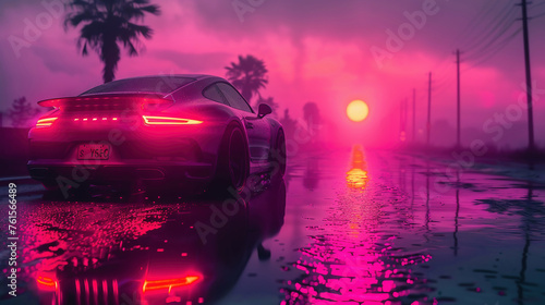 Riding car with foggy landscape synthwave. Vaporwave retro futuristic