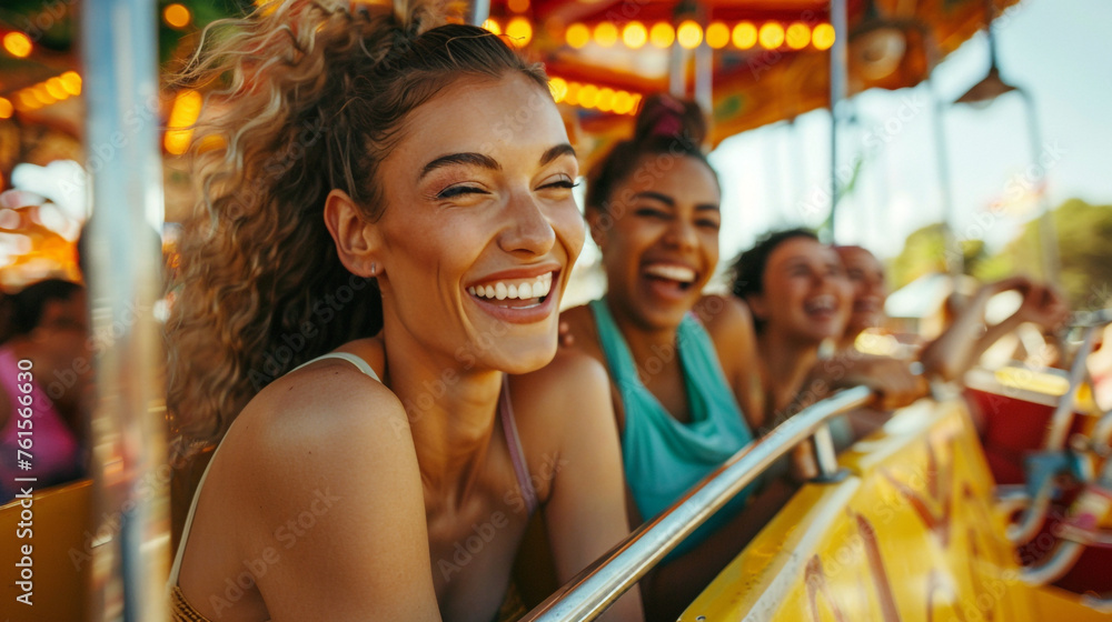 couple in amusement park, A diverse group of friends enjoying a laughter-filled day at a lively and colorful amusement park