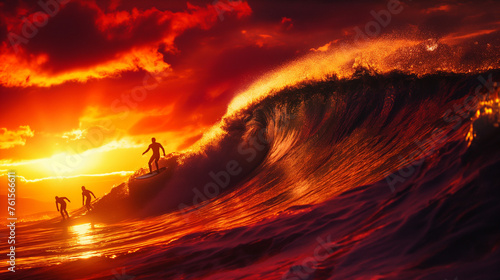 Surfers Riding Fiery Waves at Sunset © pisan thailand