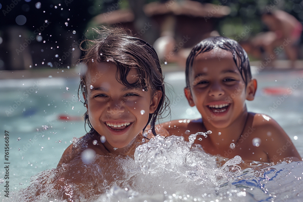 cute brazilian children playing together in a children's pool, splashing water on each other, laughing and having fun cute brazilian children playing together in a children's pool, splashing water on each other, laughing and having fun