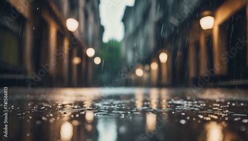 rainy day in the city, rainy day scene, empty street, rain drops on the ground photo