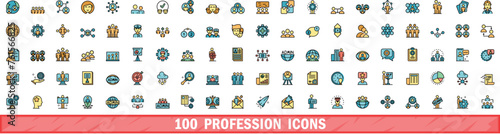 100 profession icons set. Color line set of profession vector icons thin line color flat on white